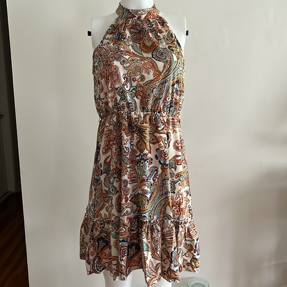 Halter Paisley Print Dress with Fashionable Ruffle Trim Fabric Belt - Picture 3 of 5